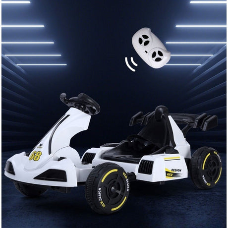 Masinuta Electrica Vivimall, Tip Kart, cu Telecomanda, Dimensiune Reglabila, 2 Viteze, Sistem de Lumini si Sunet, Pentru Copii intre 1.2 - 1.6 Inaltime, 105 x 55 x 50 cm, Alb - vivimall.ro