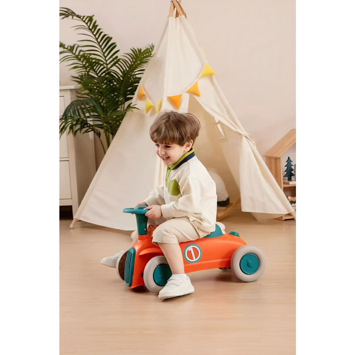 Masinuta Ride-On Vivimall, cu Sistem Anti-Rasturnare, Claxon pe Volan, 1-6 Ani, 60 x 28 x 34 cm, Rosu-Albastru - vivimall.ro
