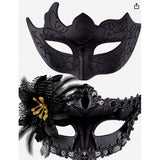 Set 2 Masti de Cuplu, Flippy, pentru Carnaval, Bal Mascat, Marime Universala, Model Floare Laterala si Margele, Model Clasic, Negru texturat