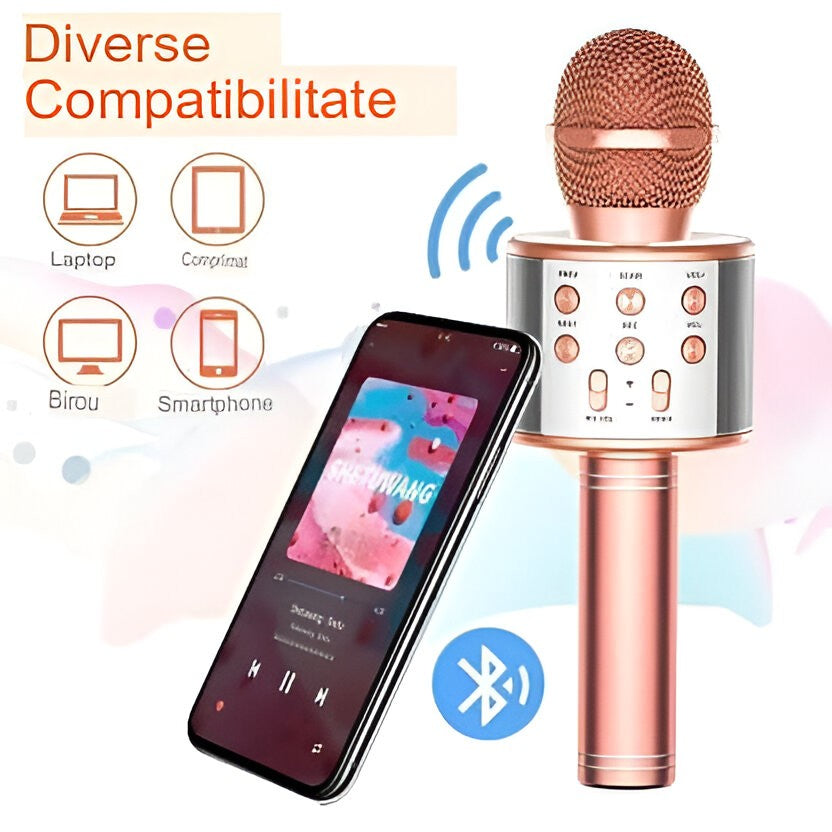 Microfon Karaoke, Pentru Copii, Bluetooth, Boxa Incorporata, Compatibil Cu Orice Smartphone, Acumulator Integrat, Multifunctional, Rose Gold - vivimall.ro