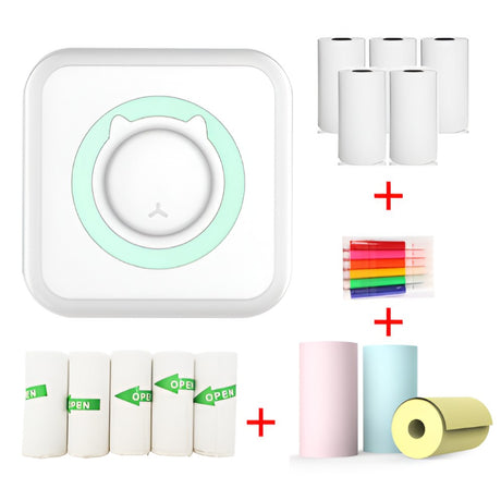 Mini Imprimanta Foto Portabila, 5 Role De Hartie Termica, 5 Role Autocolante, 3 Role Colorate, Pixuri, Incarcare Usb, Alb - vivimall.ro