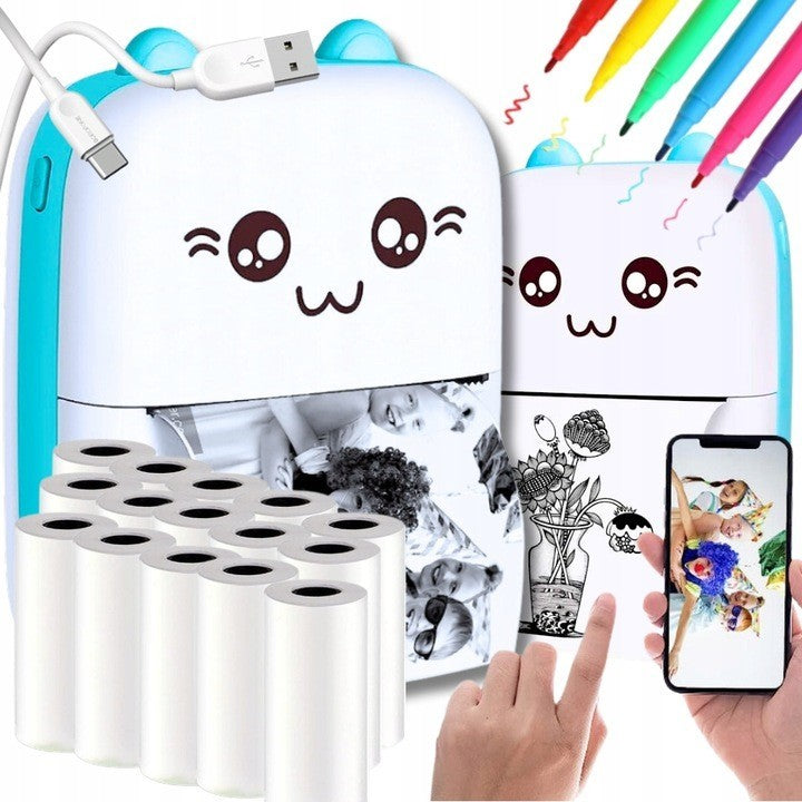 Mini Imprimanta Foto Portabila, Vivimall, Incarcare USB, Bluetooth, Model Ursulet, 12 x 9 x 5 cm, Alb Albastru - vivimall.ro