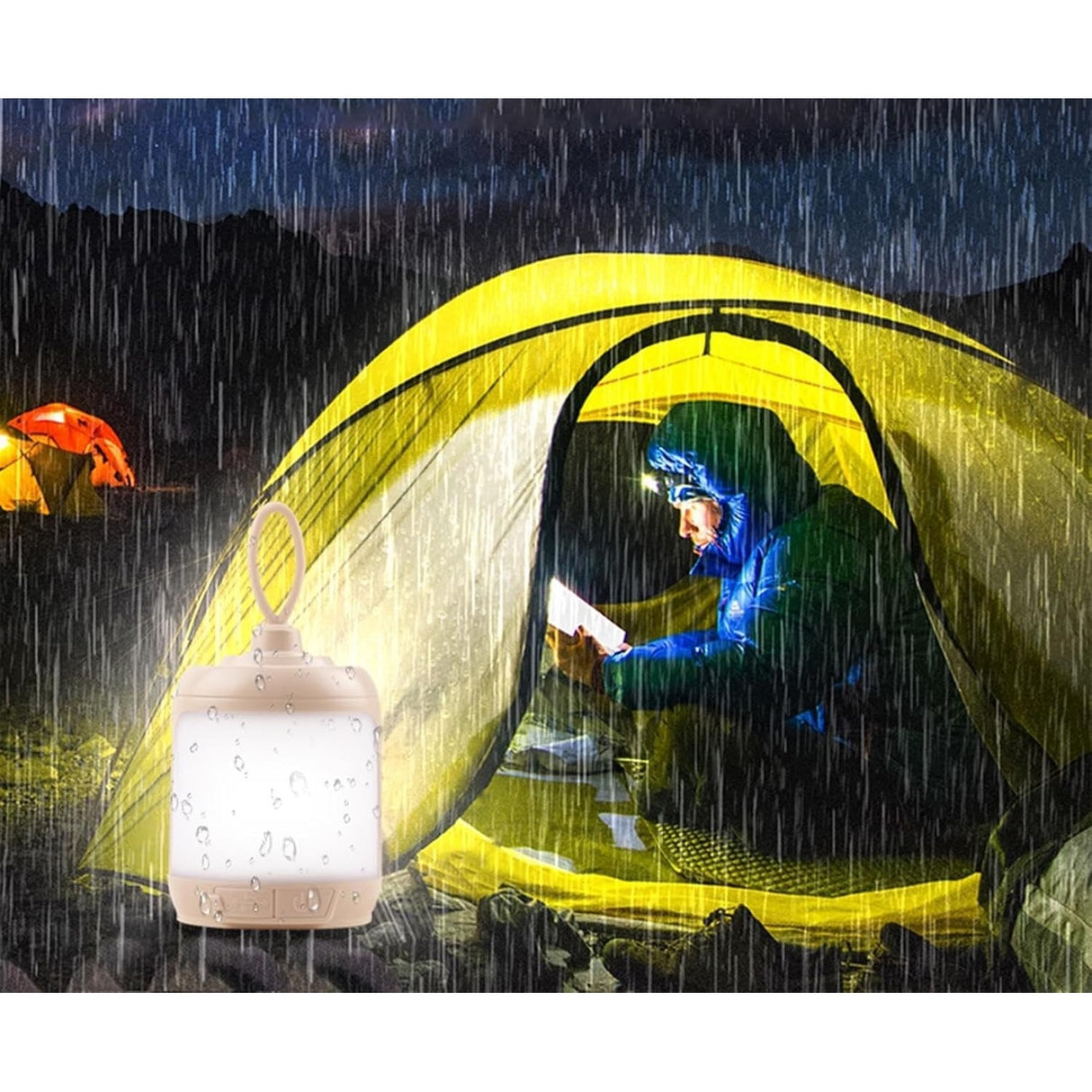 Mini lampă LED camping cu 3 trepte de lumină selectabile, detaliu buton și difuzor luminos