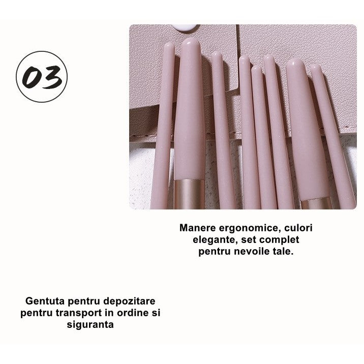 Mini Set Portabil 8 Pensule Pentru Machiaj Super Soft, Makeup Profesional/Incepatori, Maner Ergonomic, Gentuta Depozitare Inclusa - vivimall.ro
