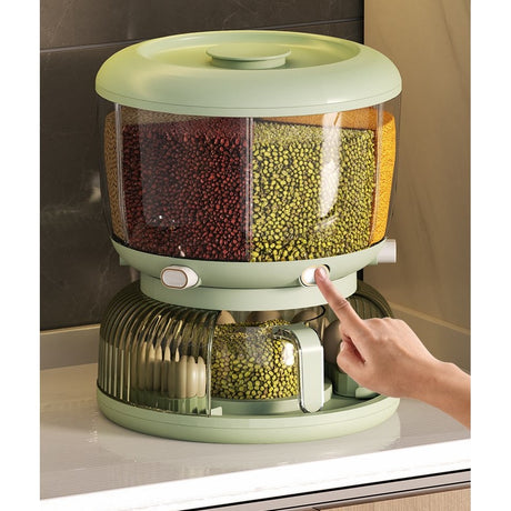 Dozator Etajat de Cereale Vivimall, Rotativ 360, 6 Compartimente, Capacitate 10L, Cofraj Special pentru Oua, Vas pentru Scurgerea Cerealelor, 35x27.5 cm, Verde - vivimall.ro