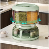 Dozator Etajat de Cereale Vivimall, Rotativ 360, 6 Compartimente, Capacitate 10L, Cofraj Special pentru Oua, Vas pentru Scurgerea Cerealelor, 35x27.5 cm, Verde - vivimall.ro