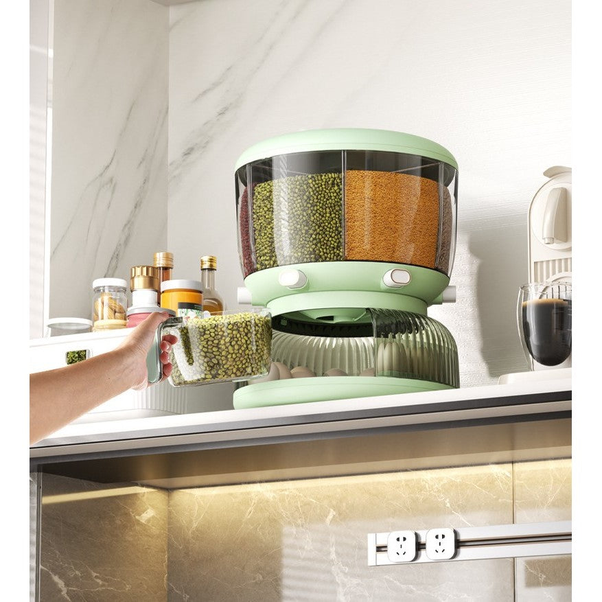 Dozator Etajat de Cereale Vivimall, Rotativ 360, 6 Compartimente, Capacitate 10L, Cofraj Special pentru Oua, Vas pentru Scurgerea Cerealelor, 35x27.5 cm, Verde - vivimall.ro
