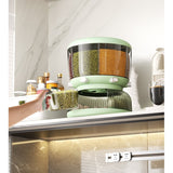 Dozator Etajat de Cereale Vivimall, Rotativ 360, 6 Compartimente, Capacitate 10L, Cofraj Special pentru Oua, Vas pentru Scurgerea Cerealelor, 35x27.5 cm, Verde - vivimall.ro