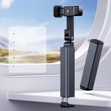 Suport telefon pliabil negru, rotativ 360 grade și telescopic, vedere frontală cu telefon montat