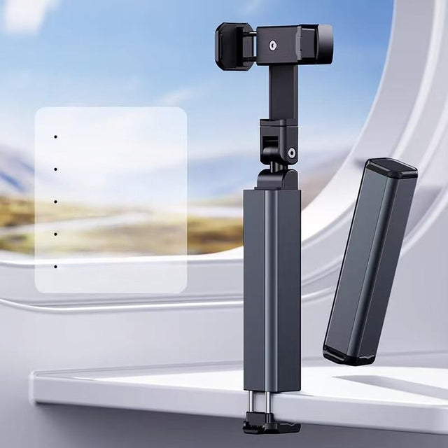 Suport telefon pliabil negru, rotativ 360 grade și telescopic, vedere frontală cu telefon montat