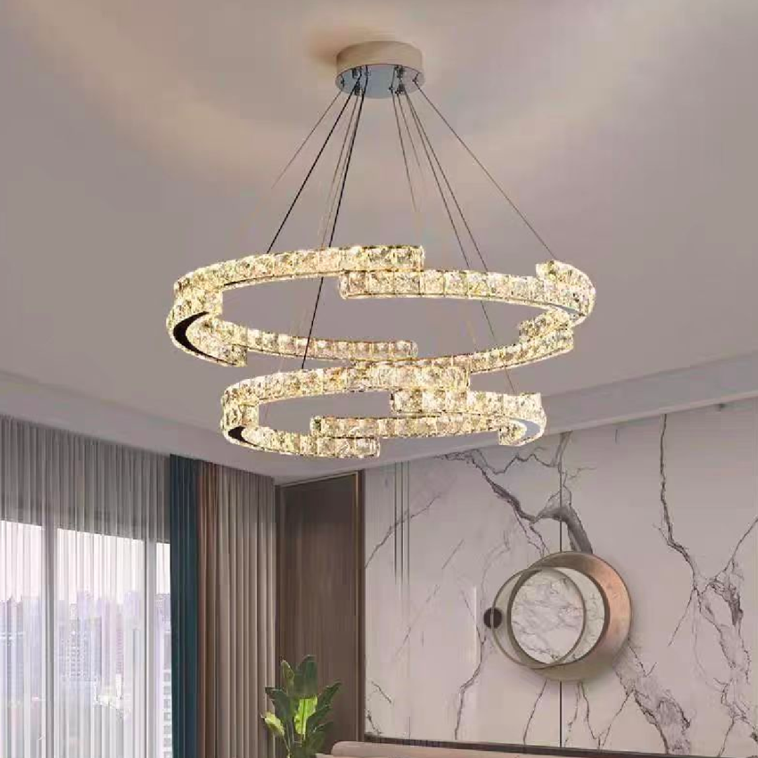 Lustra Led Suspendata Cu Telecomanda Si Cristal Mia Latifah, 2 Cercuri, Lumina Rece/Calda/Neutra, Dimabila, Crom Lucios - vivimall.ro