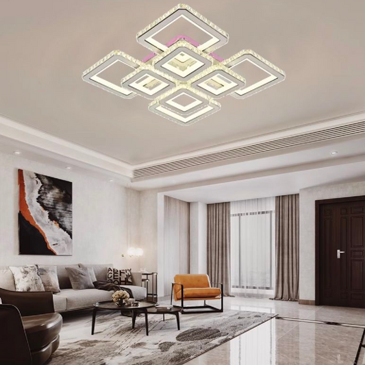 Lustra Led Cu Telecomanda Si Cristal Leila, 8 Patrate, Lumina Rece/Calda/Neutra, Dimabila - vivimall.ro