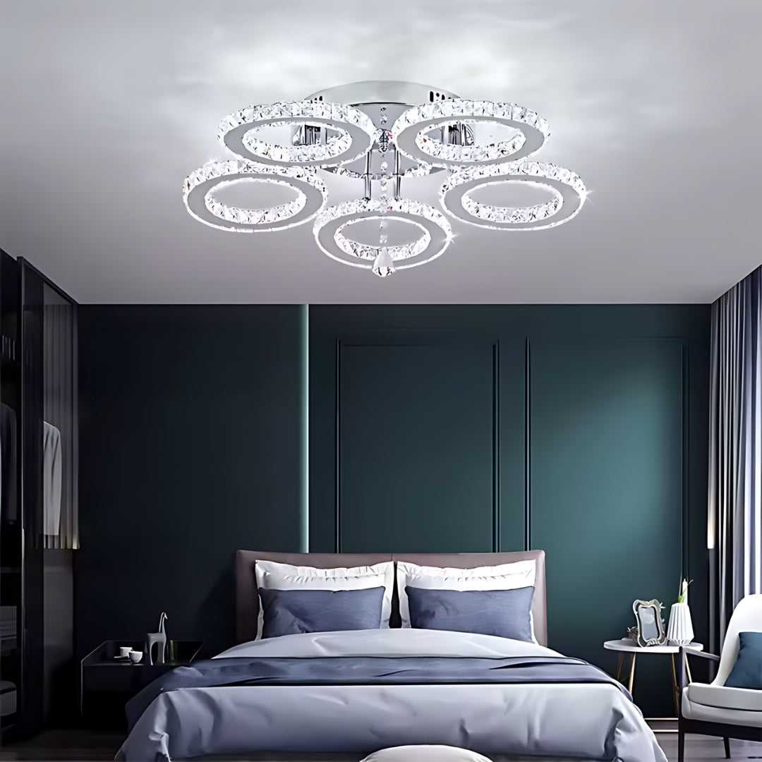 Lustra Led Cu Telecomanda Si Cristal Alanubis, 5 Cercuri, Lumina Rece/Calda/Neutra, Dimabila - vivimall.ro
