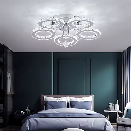 Lustra Led Cu Telecomanda Si Cristal Alanubis, 5 Cercuri, Lumina Rece/Calda/Neutra, Dimabila - vivimall.ro