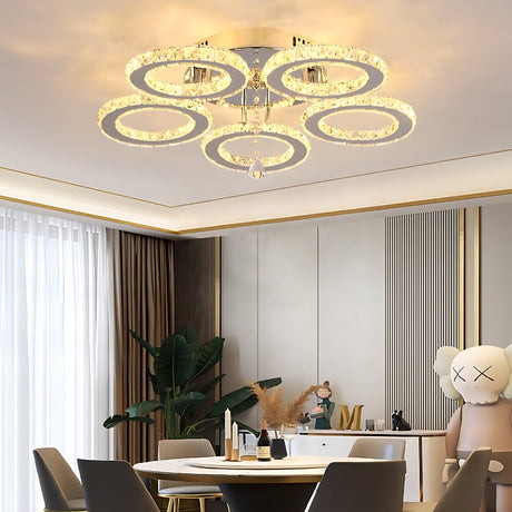 Lustra Led Cu Telecomanda Si Cristal Alanubis, 5 Cercuri, Lumina Rece/Calda/Neutra, Dimabila - vivimall.ro