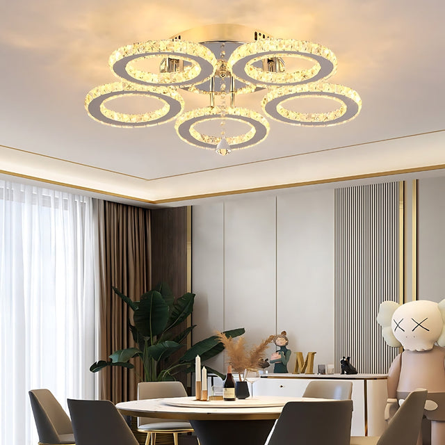 Lustra Led Cu Telecomanda Si Cristal Alanubis, 5 Cercuri, Lumina Rece/Calda/Neutra, Dimabila - vivimall.ro