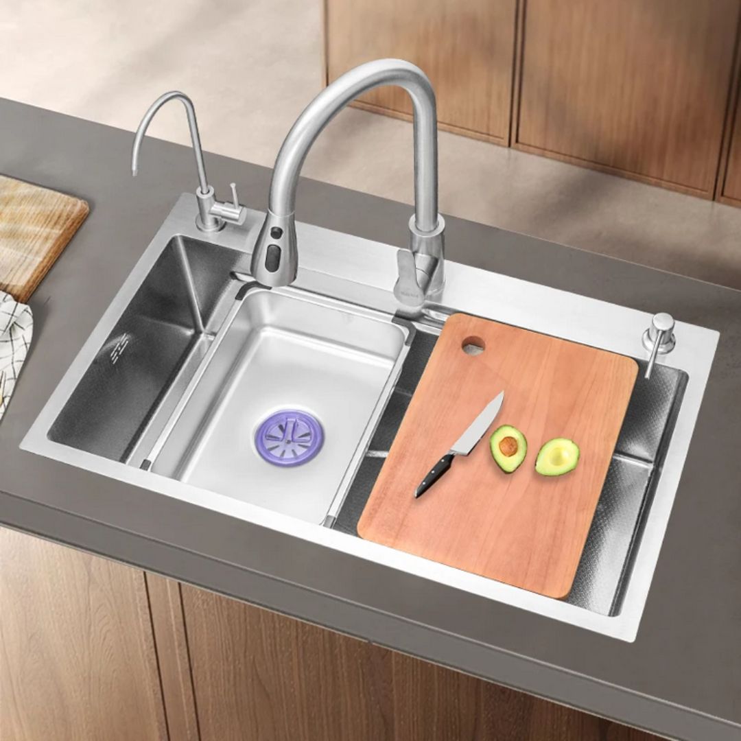 Set Chiuveta Bucatarie Inox Cu Baterie Dubla, Cuva Universala Cu Dop Scurgere, Spalator Pahare, Grafit - vivimall.ro