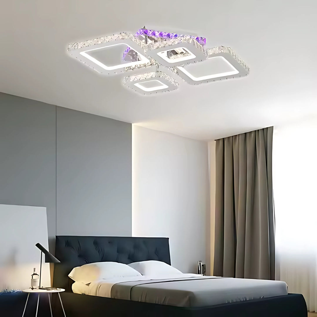 Lustra Led Cu Telecomanda Si Cristal Nova Rhomba Rgb, 4 Patrate, Lumina Rece/Calda/Neutra, Dimabila - vivimall.ro