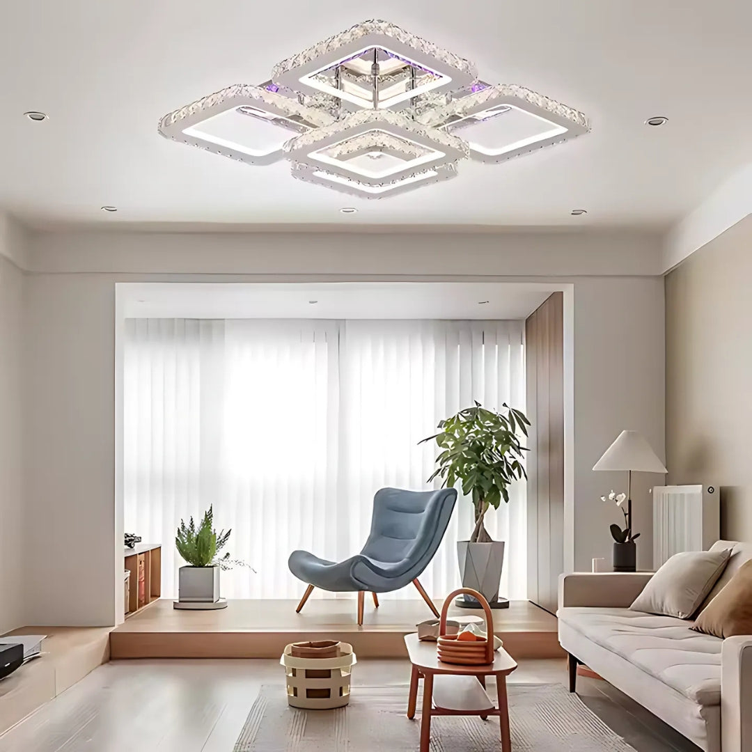 Lustra Led Cu Telecomanda Cu Cristal Quadria Supremo Rgb, 5 Patrate, Lumina Rece/Calda/Neutra, Dimabila - vivimall.ro