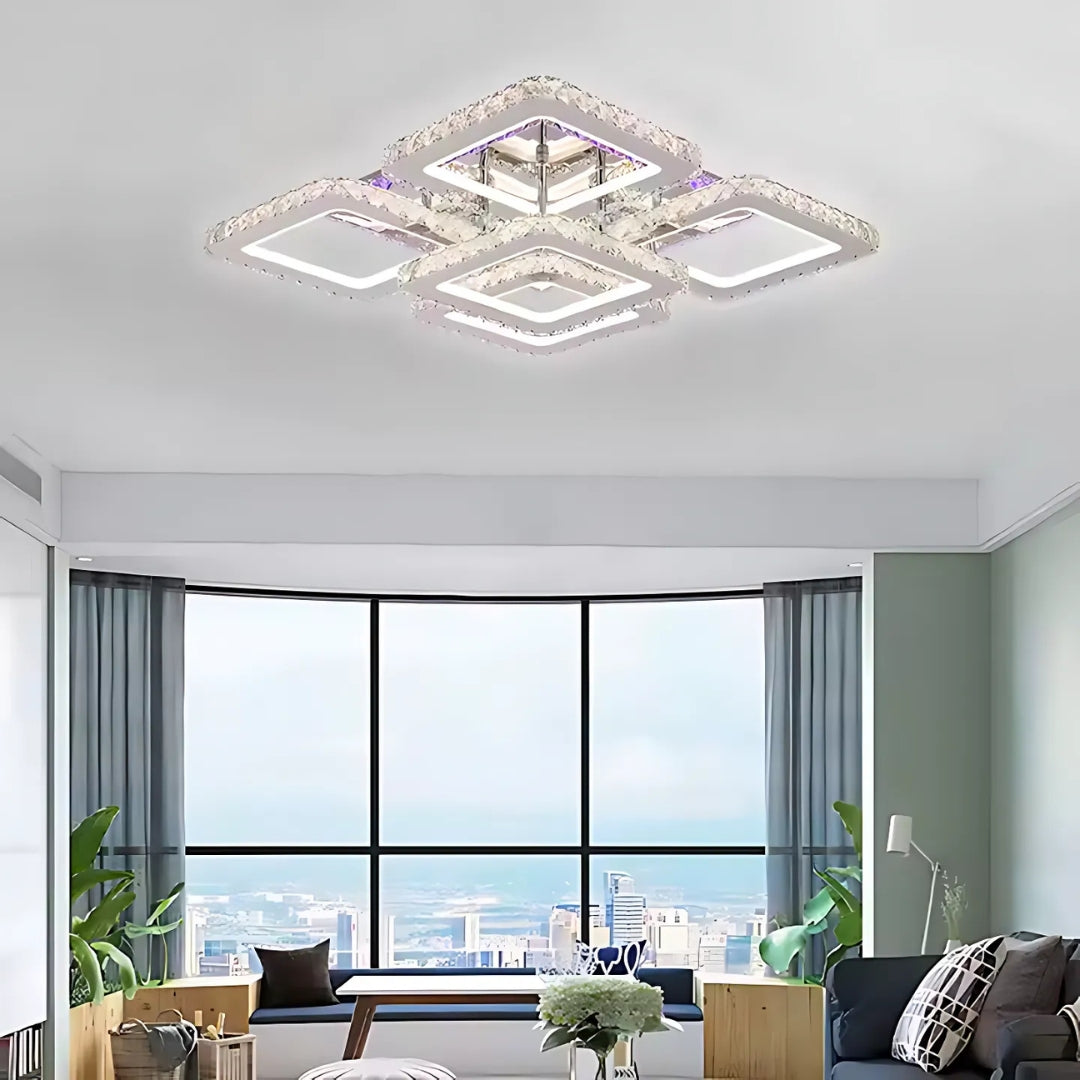 Lustra Led Cu Telecomanda Cu Cristal Quadria Supremo Rgb, 5 Patrate, Lumina Rece/Calda/Neutra, Dimabila - vivimall.ro