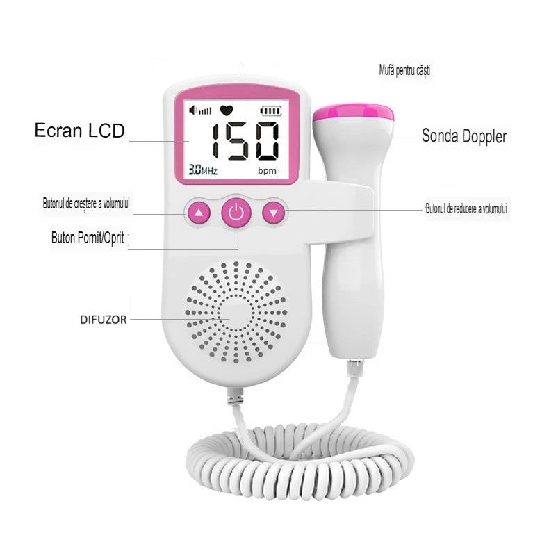 Monitor Fetal Doppler, Monitorizare Sarcina, Ritm Cardiac, Ecran Lcd 4.5 Cm, 2 X Baterii Aa (Neincluse), Portabil, Din Abs, Utilizare De La 9 Saptamani
