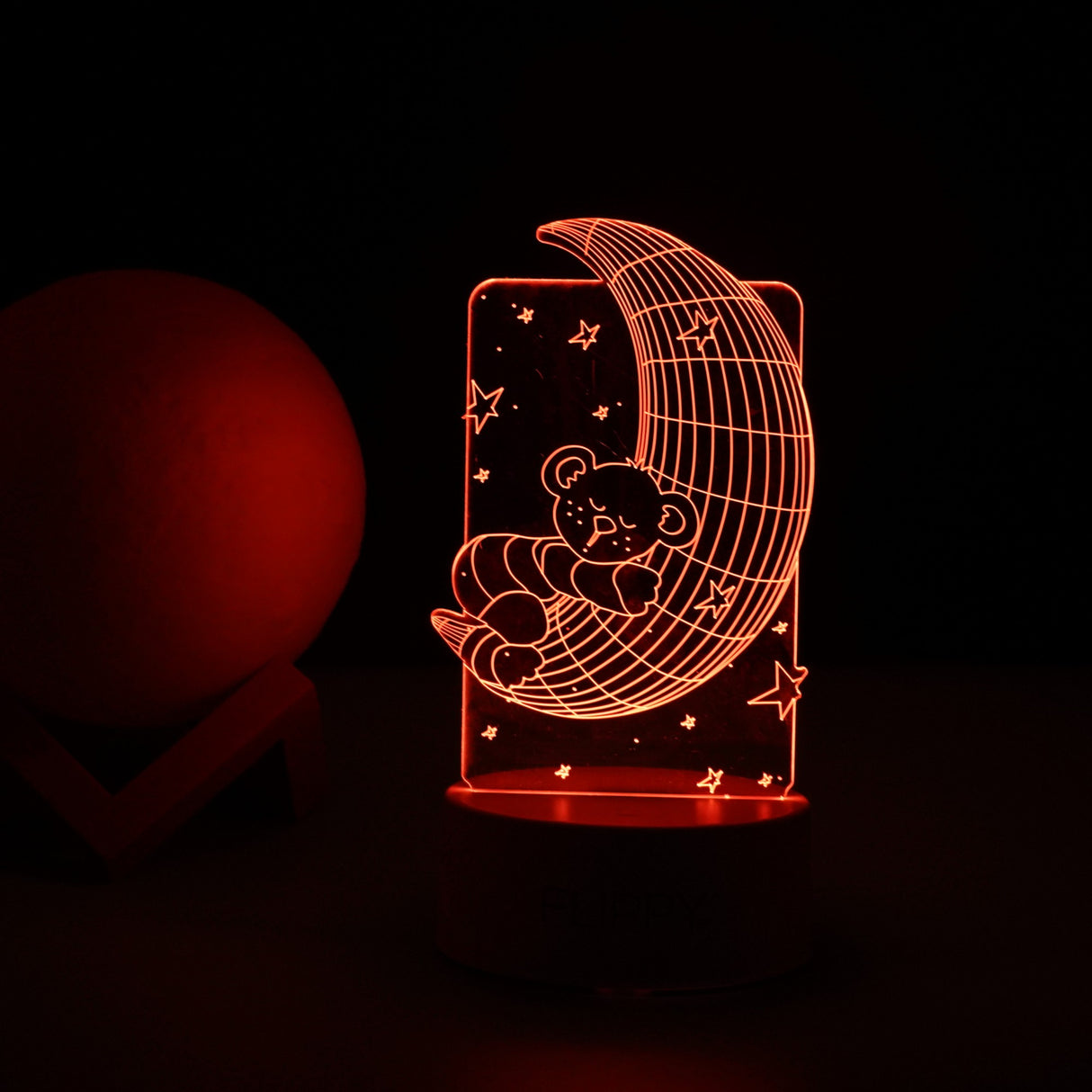 Lampa Led Decorativa, 3D, Ursulet Si Semiluna, Cu Telecomanda, Doua Moduri De Alimentare Usb Si Baterii, 20 Cm Inaltime, Din Material Acril Si Lumina A, Alb - vivimall.ro