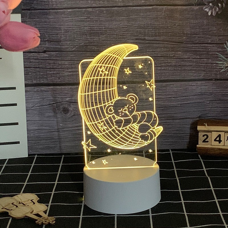 Lampa Led Decorativa, 3D, Ursulet Si Semiluna, Cu Telecomanda, Doua Moduri De Alimentare Usb Si Baterii, 20 Cm Inaltime, Din Material Acril Si Lumina A, Alb - vivimall.ro