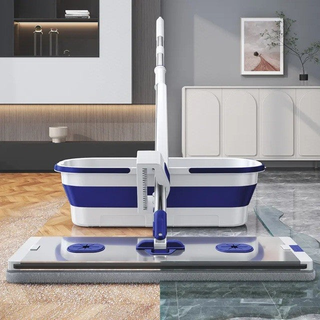 Mop Plat, Cu Galeata Pliabila, 2 Rezerve Din Microfibra, 127 Cm Tija Telescopica, Utilizare Umeda/Uscata, Recipient Lichid - vivimall.ro