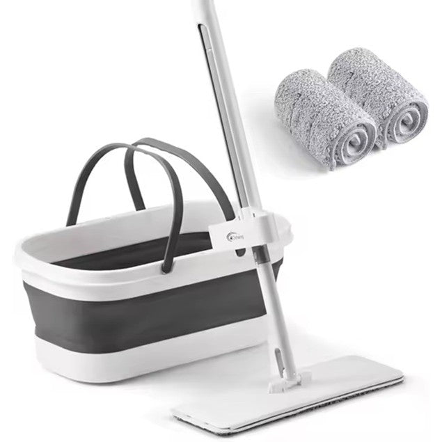 Mop Plat, Cu Galeata Pliabila, 2 Rezerve Din Microfibra, 127 Cm Tija Telescopica, Utilizare Umeda/Uscata, Recipient Lichid - vivimall.ro