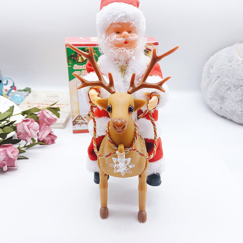 Decoratiune Mos Craciun, Flippy, Animat, care Canta si Danseaza, cu Saculet, pe Ren, Imbracat Festiv, 28x21x10 cm, Rosu