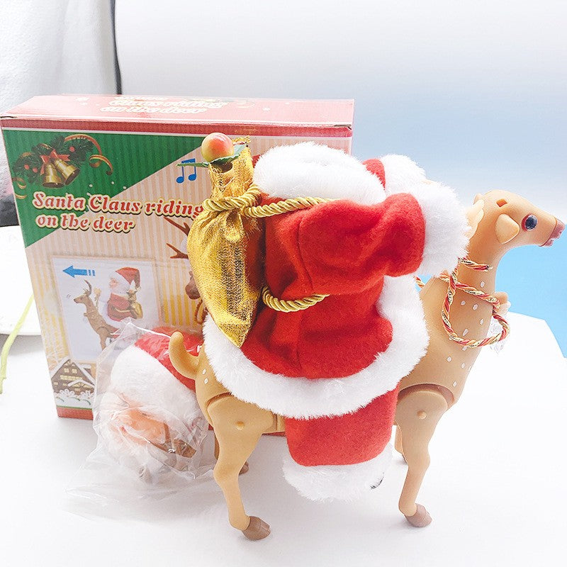 Decoratiune Mos Craciun, Flippy, Animat, care Canta si Danseaza, cu Saculet, pe Ren, Imbracat Festiv, 28x21x10 cm, Rosu