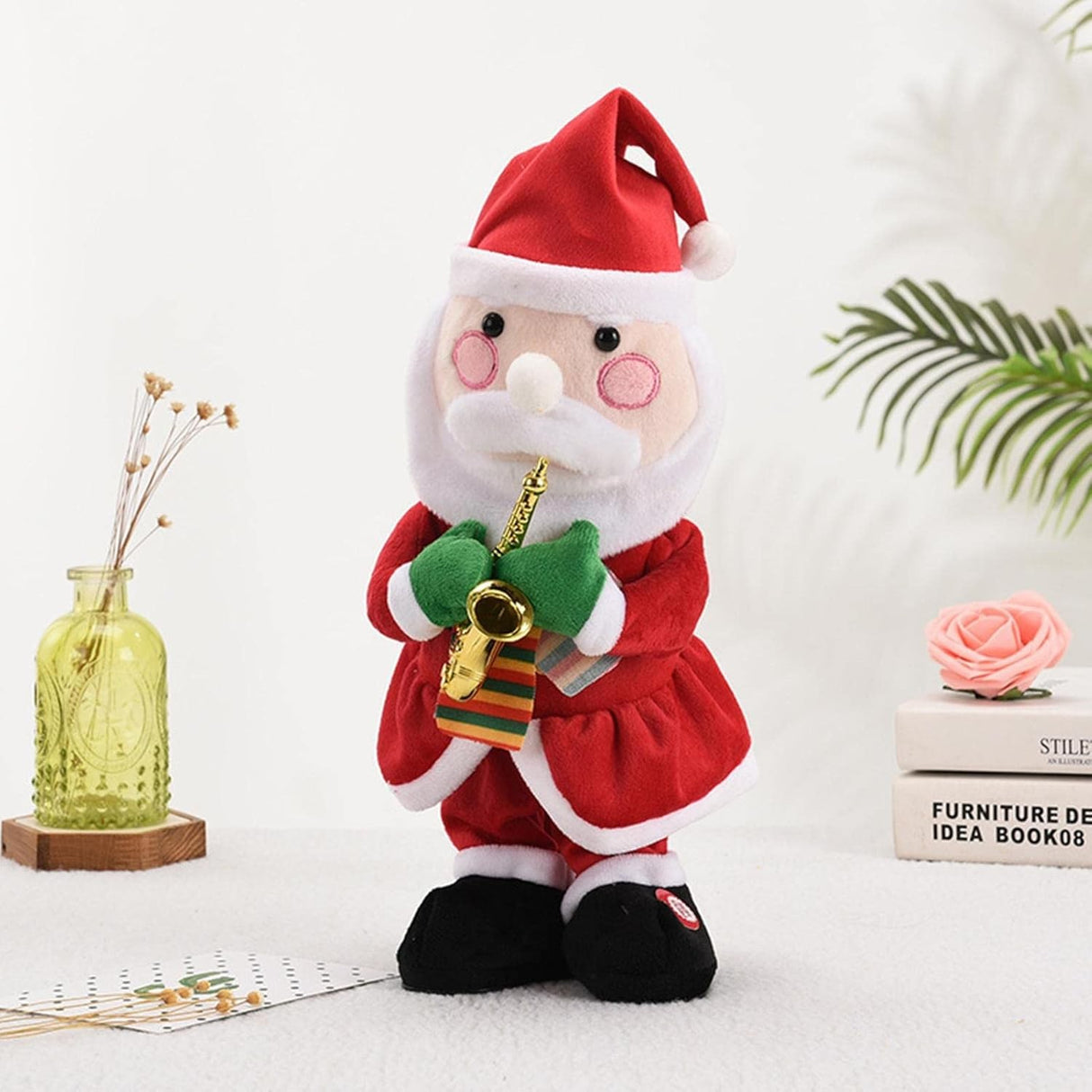 Decoratiune Mos Craciun, Animat, Care Canta Si Danseaza, Cu Saxofon, Imbracat Festiv, 25 Cm Inaltime - vivimall.ro