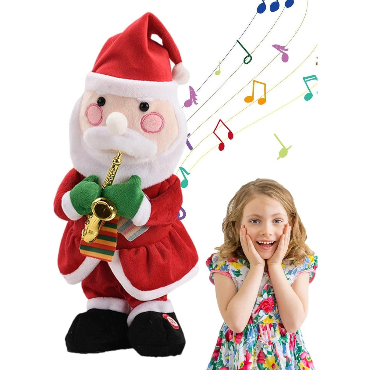 Decoratiune Mos Craciun, Flippy, Animat, care Canta si Danseaza, cu Saxofon, Imbracat Festiv, 25 cm Inaltime, Rosu