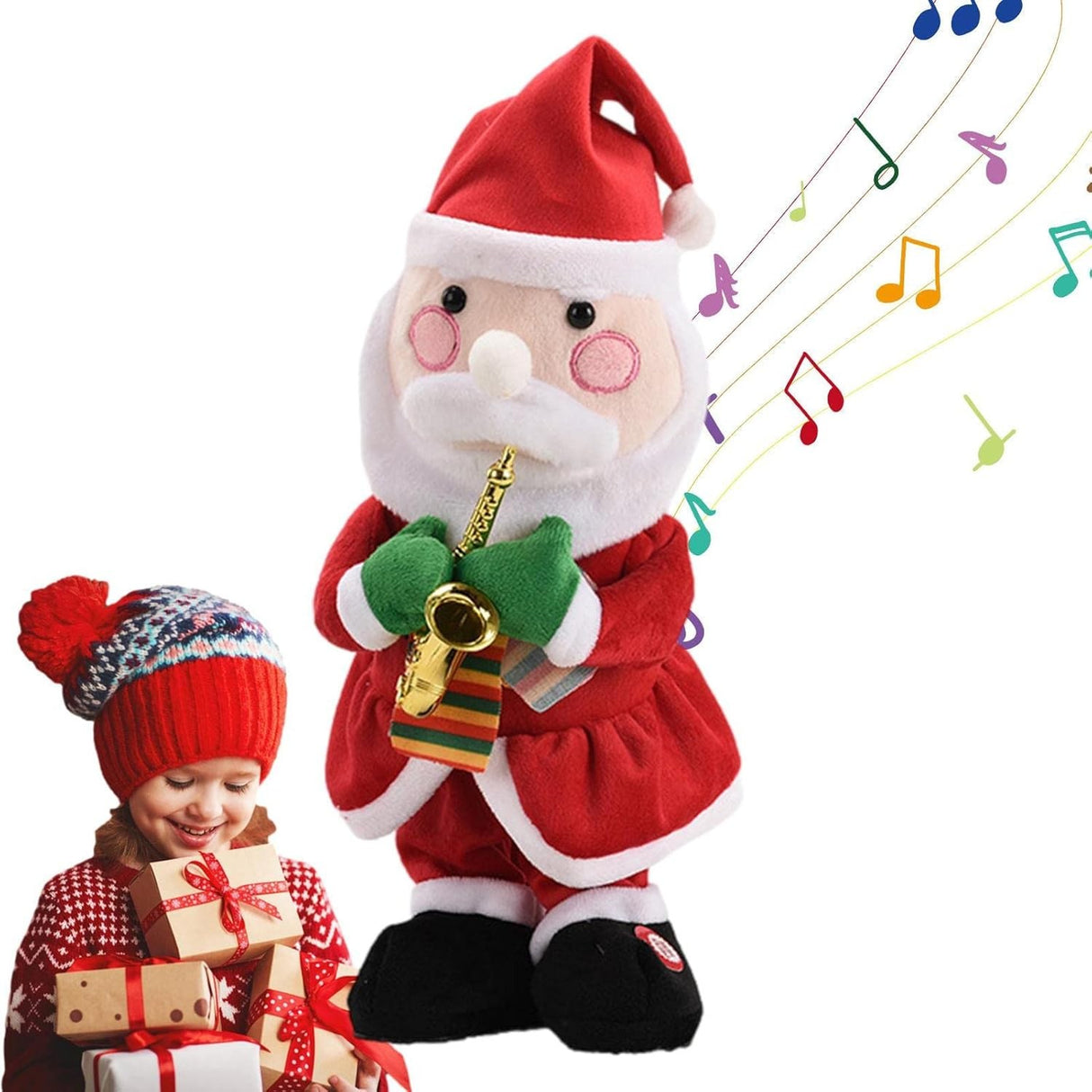 Decoratiune Mos Craciun, Flippy, Animat, care Canta si Danseaza, cu Saxofon, Imbracat Festiv, 25 cm Inaltime, Rosu