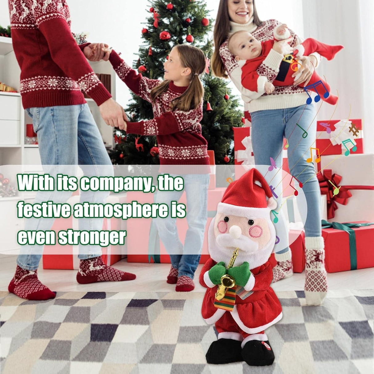 Decoratiune Mos Craciun, Flippy, Animat, care Canta si Danseaza, cu Saxofon, Imbracat Festiv, 25 cm Inaltime, Rosu