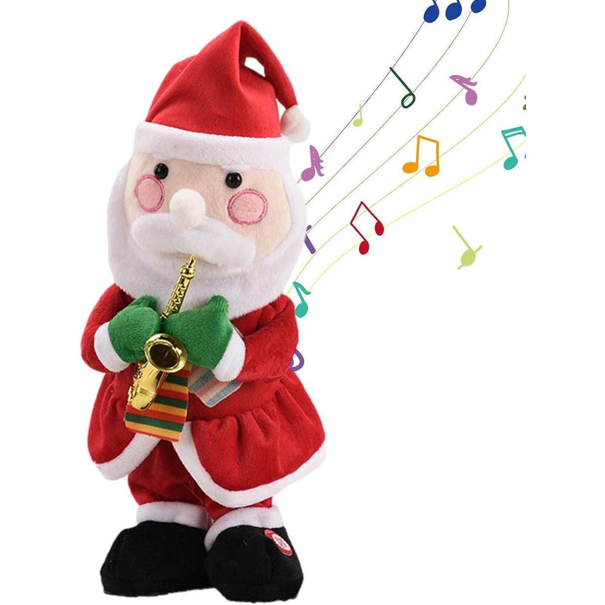 Decoratiune Mos Craciun, Animat, Care Canta Si Danseaza, Cu Saxofon, Imbracat Festiv, 25 Cm Inaltime - vivimall.ro