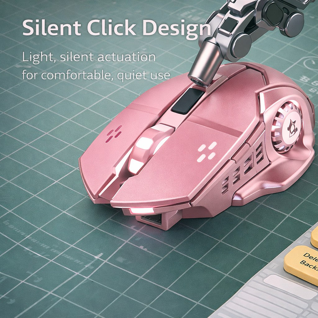 Mouse gaming Flippy roz, vedere de sus, suprafață lucioasă și scroll central, dimensiuni 3.4x7.7 cm