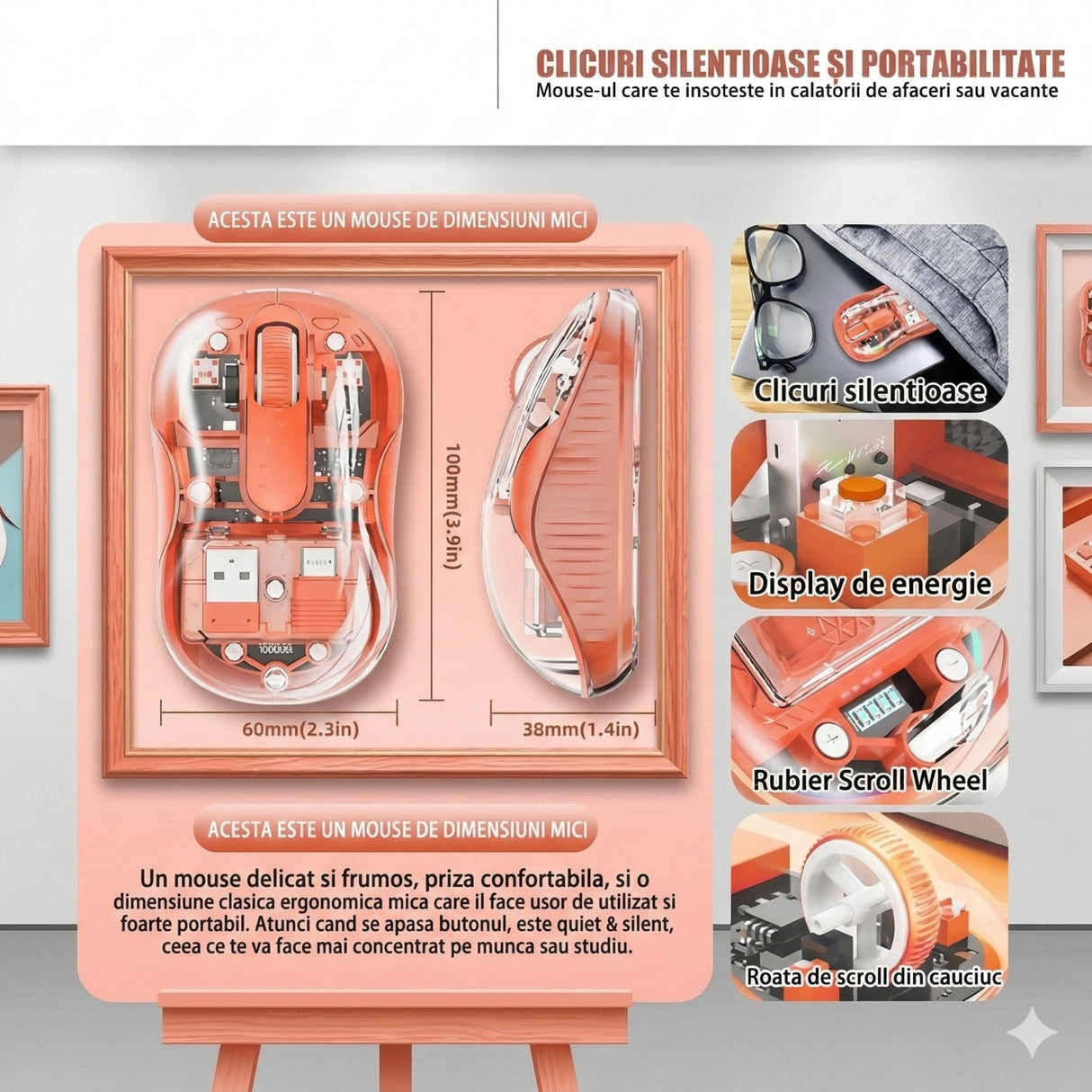 Mouse Flippy portocaliu, vedere de sus, 4 niveluri DPI 800-2400 și butoane silențioase