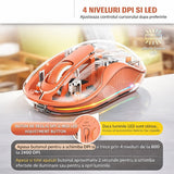 Mouse wireless Flippy portocaliu, vedere laterală, design ergonomic și iluminare LED activată