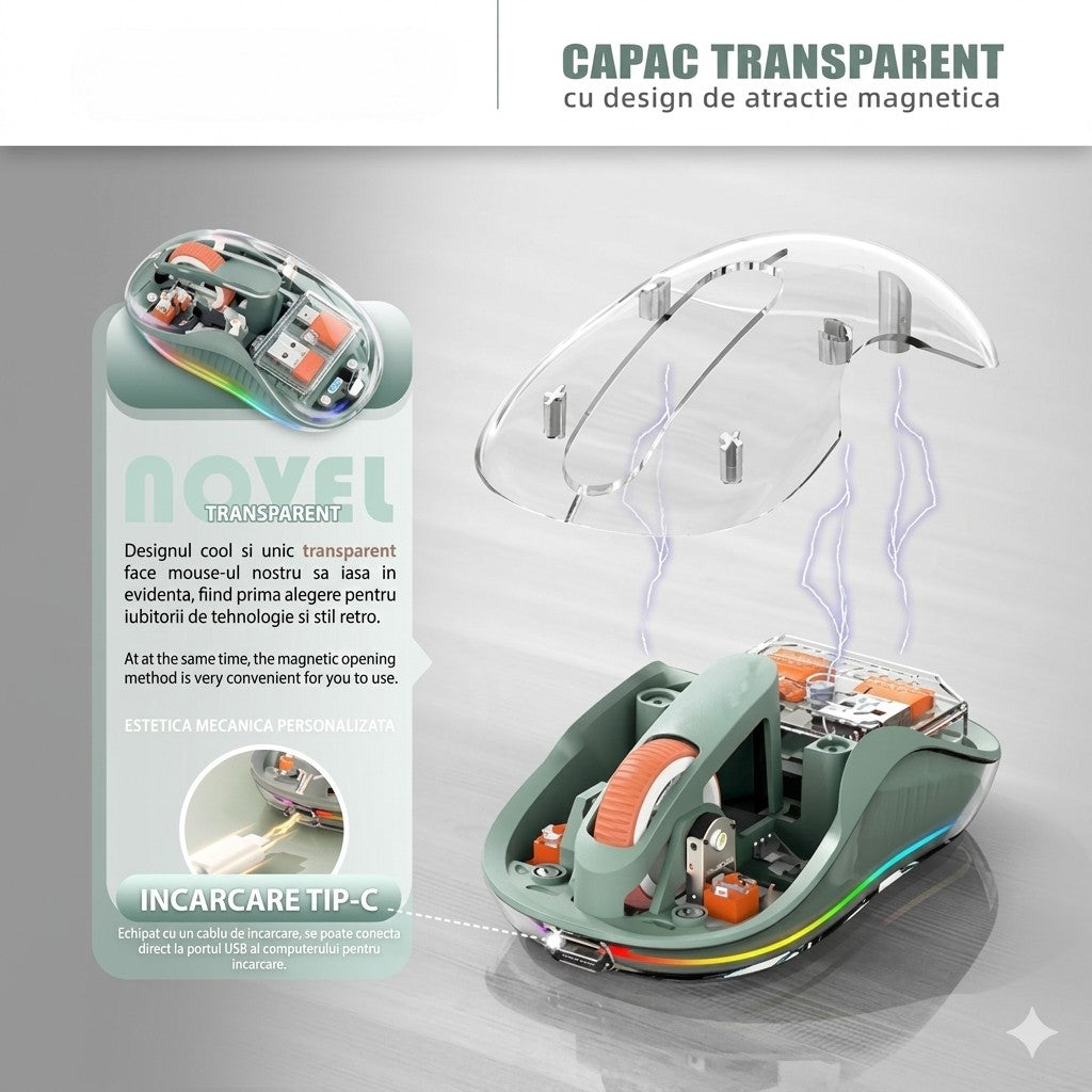 Mouse wireless Flippy verde, vedere de sus, dimensiuni 10x6 cm, port incarcare USB-C vizibil