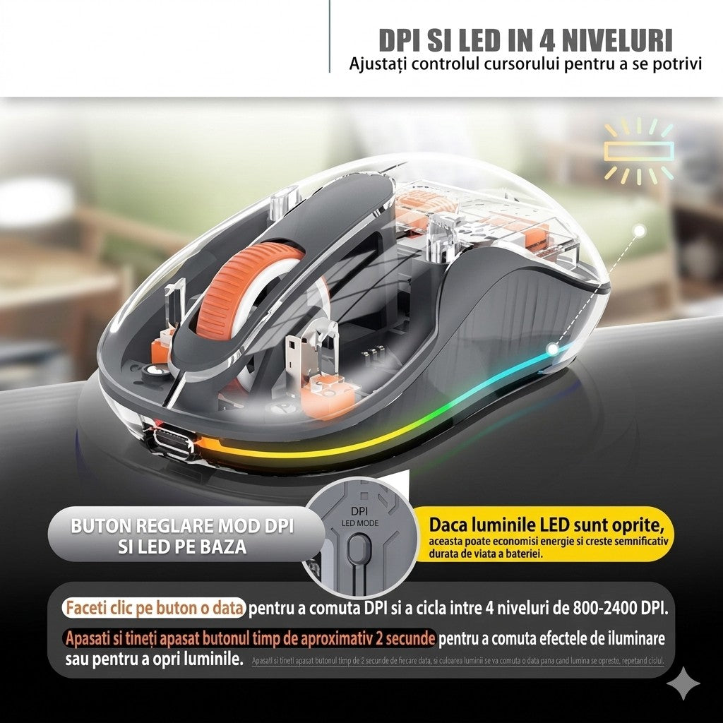 Mouse wireless Flippy gri utilizat pe birou alături de MacBook, mod Multi Device