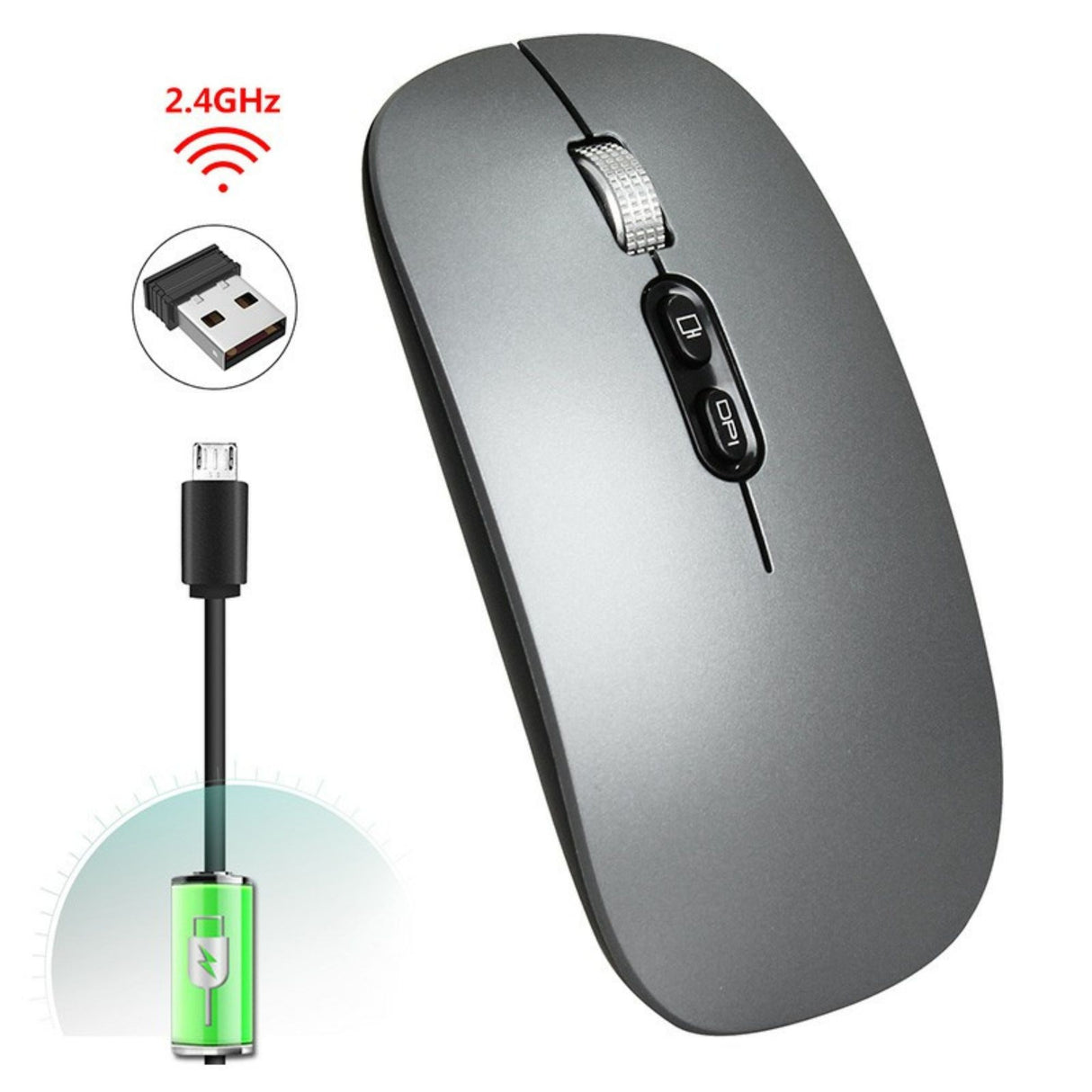 Mouse Wireless Reincarcabil, Flippy, Compatibil Windows/macOS, Bluetooth 5.1 + 2.4GHz, Silentios, DPI 800/1200/1600, Gri Inchis - vivimall.ro