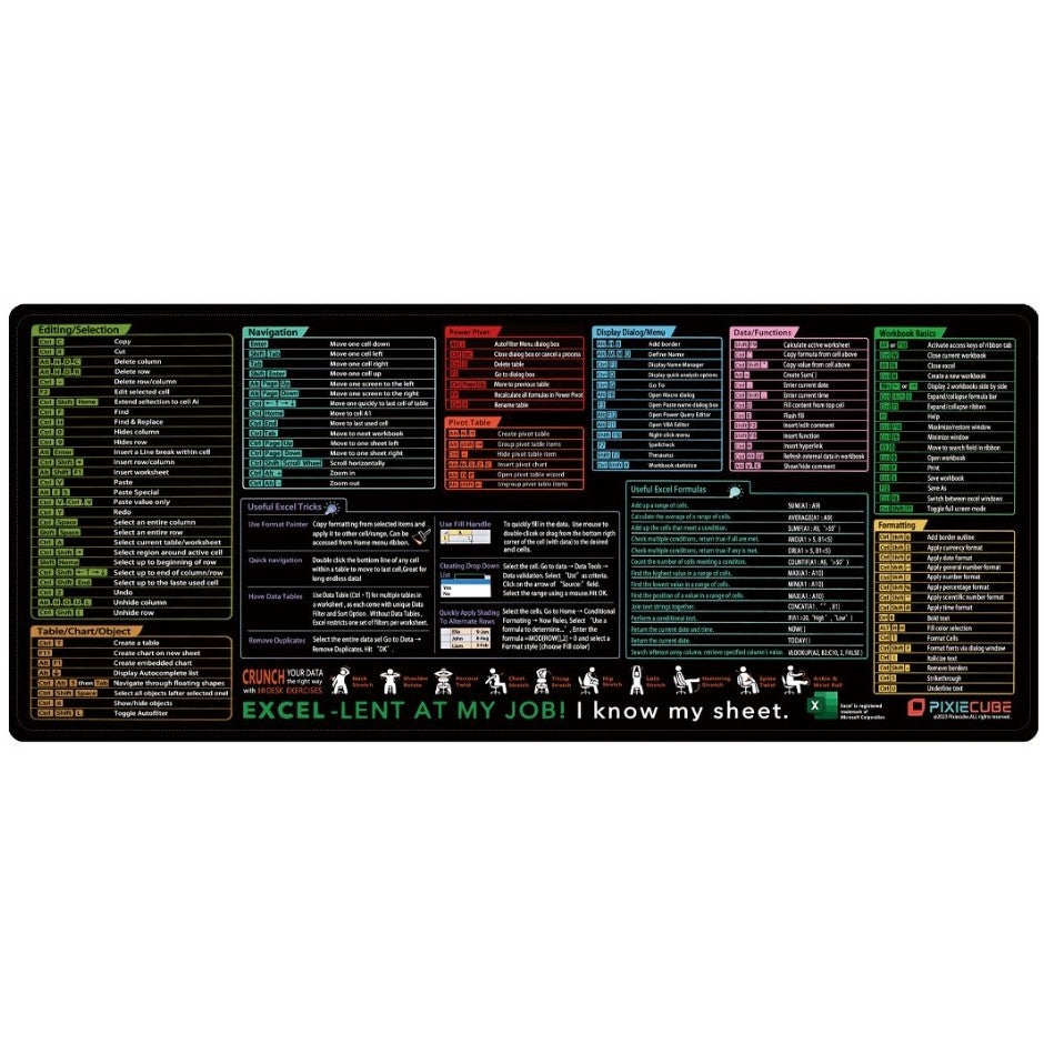 Mousepad negru XL 90x40 cm cu scurtături Excel imprimate, vedere frontală, model 2 Vivimall