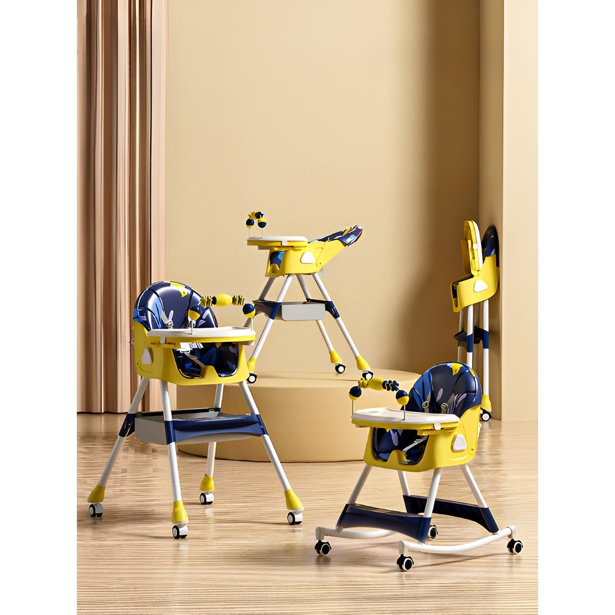 Scaun de Masa pe Roti pentru Copii, Flippy, 2 Tavite si Husa Detasabile, Multifuncțional, Stabil, Centura de Siguranta, Spatar Reglabil Moale, Balansoar, Cos de Depozitare, de la 6 Luni, Galben - vivimall.ro