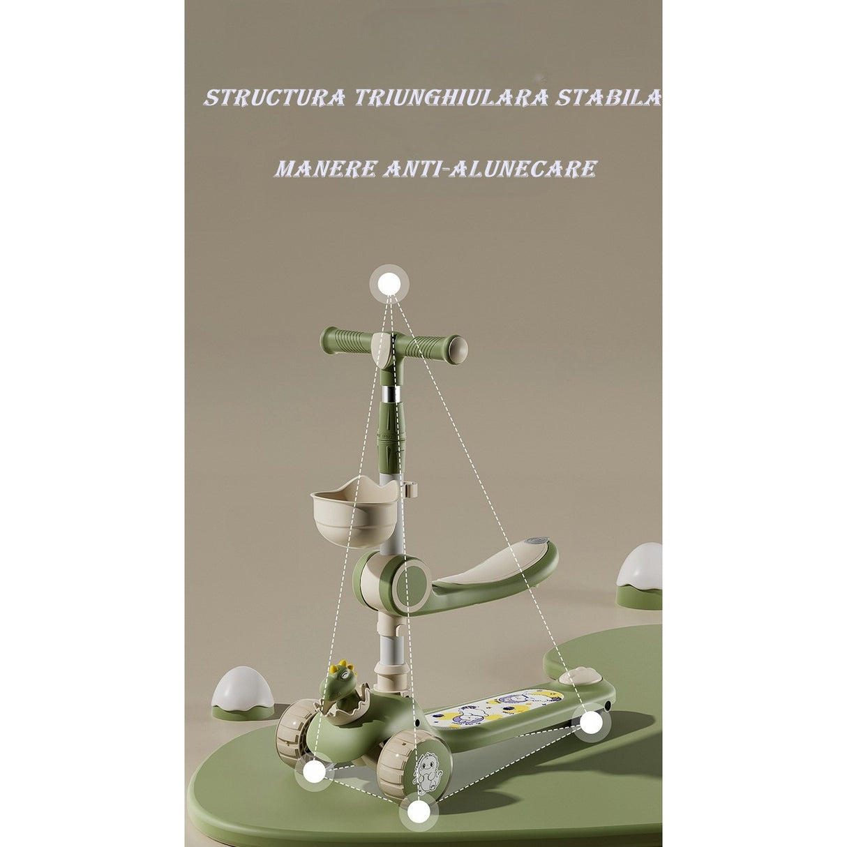Trotineta Multifunctionala 3 In 1, Pentru Copii, 1-7 Ani, Cu Lumini Si Muzica, Reglabil 360, Pliere Usoara, Reglarea Inaltimii, Bej/ - vivimall.ro