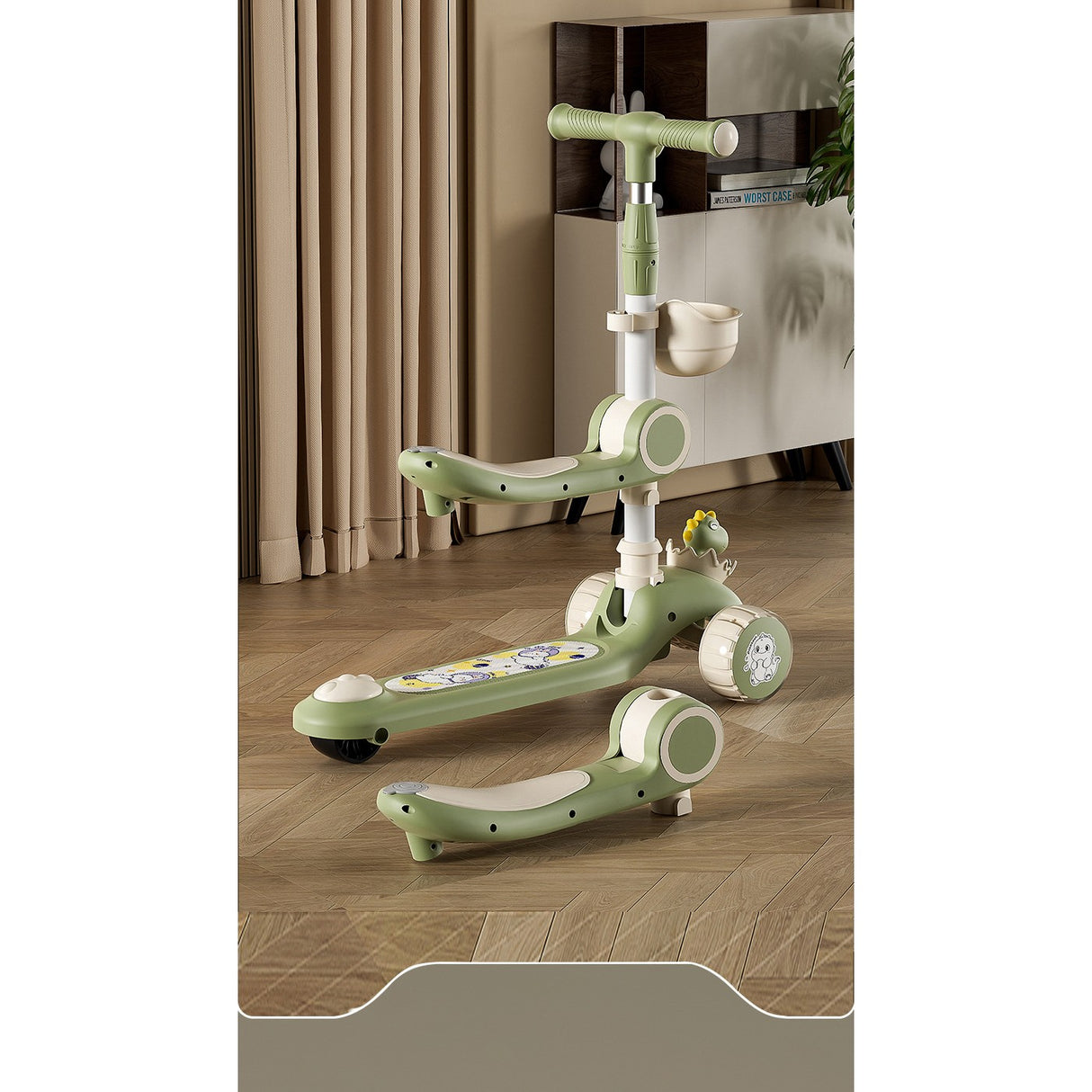 Trotineta Multifunctionala 3 In 1, Pentru Copii, 1-7 Ani, Cu Lumini Si Muzica, Reglabil 360, Pliere Usoara, Reglarea Inaltimii, Bej/ - vivimall.ro