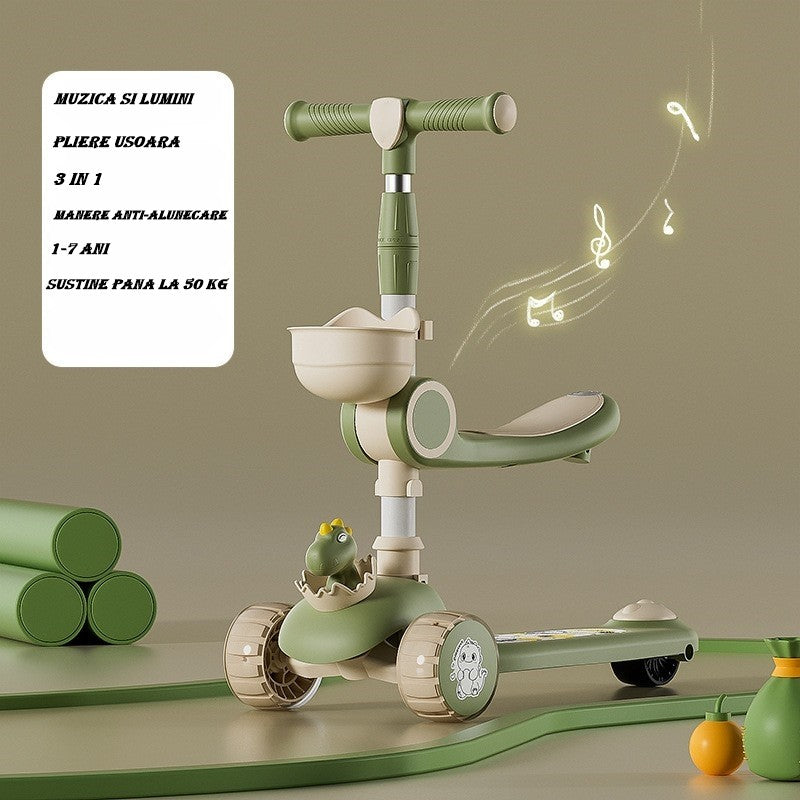 Trotineta Multifunctionala 3 In 1, Pentru Copii, 1-7 Ani, Cu Lumini Si Muzica, Reglabil 360, Pliere Usoara, Reglarea Inaltimii, Bej/ - vivimall.ro