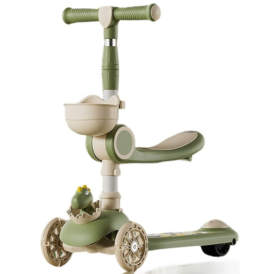 Trotineta Multifunctionala 3 in 1, Vivimall, pentru Copii, 1-7 Ani, cu Lumini si Muzica, Reglabil 360, Pliere Usoara, Reglarea Inaltimii, Model Dinozaur, Bej/Verde - vivimall.ro