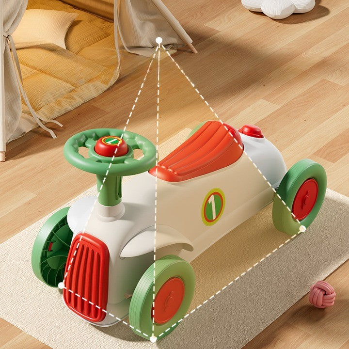 Masinuta Ride-On Vivimall, cu Sistem Anti-Rasturnare, Claxon pe Volan, 1-6 Ani, 60 x 28 x 34 cm, Alb-Verde - vivimall.ro