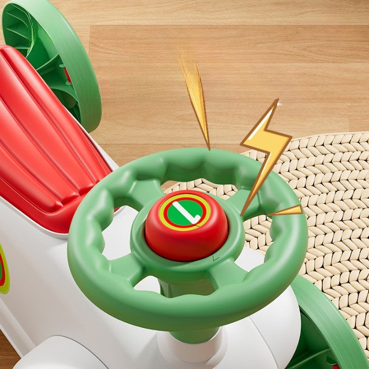 Masinuta Ride-On Vivimall, cu Sistem Anti-Rasturnare, Claxon pe Volan, 1-6 Ani, 60 x 28 x 34 cm, Alb-Verde - vivimall.ro